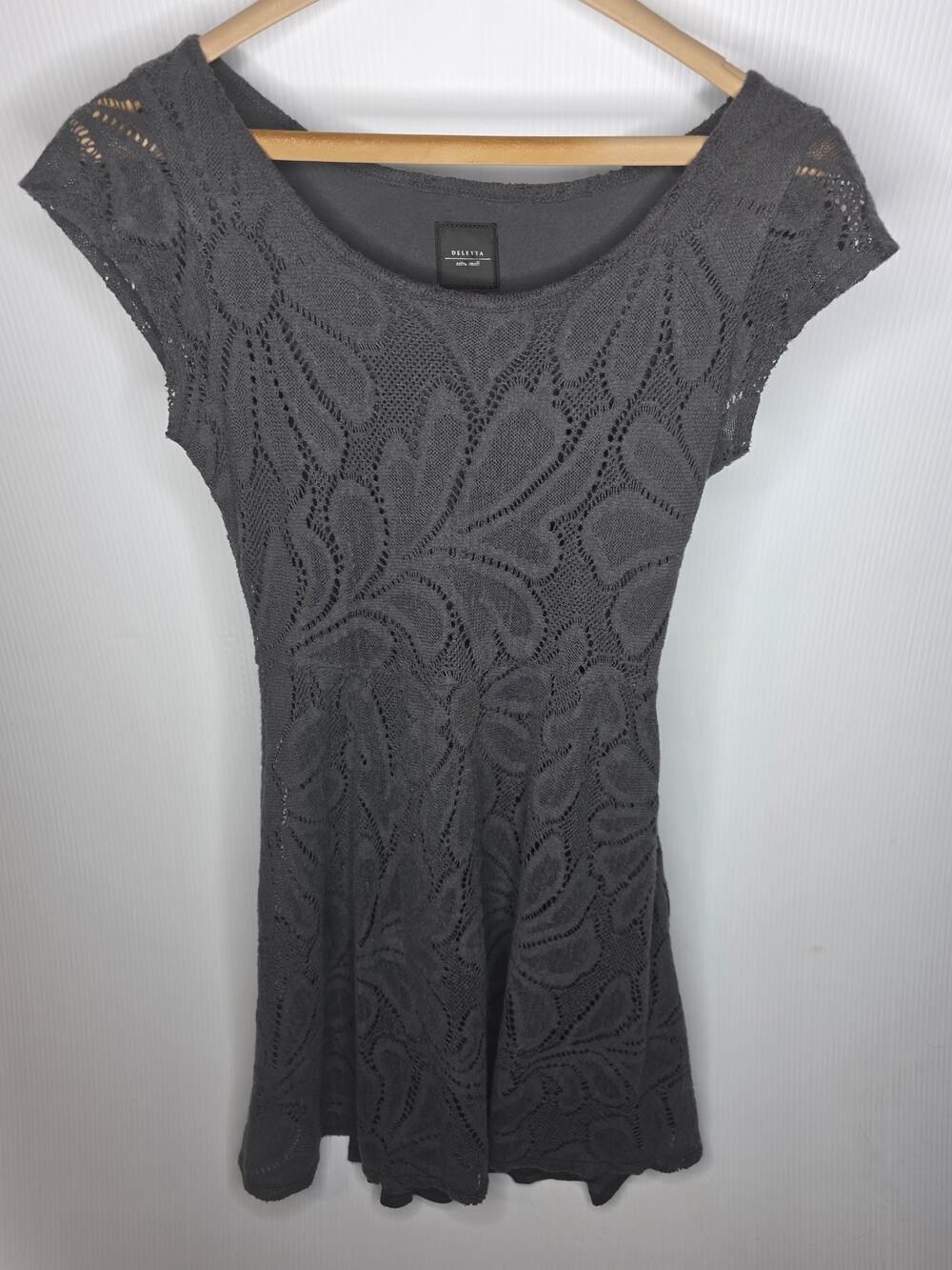 Deletta XS Gray Floral Lace Crochet Overlay Fit & Flare Dress Anthropologie Chic